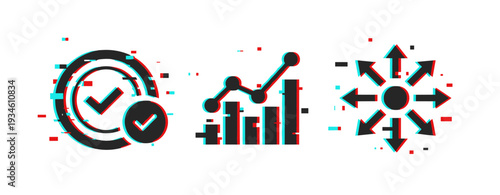 Digital glitch effect on analytics icons: checkmark, graph, and arrows