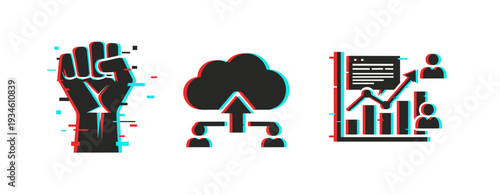 Glitch art of fist, cloud upload, and business growth icons