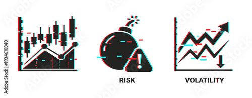 Glitch effect financial charts, risk bomb, and volatility arrows
