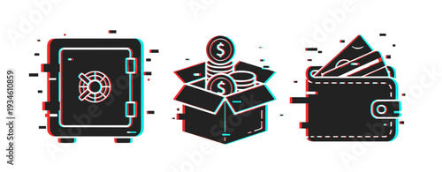 Stylized finance icons: safe, box of coins, wallet
