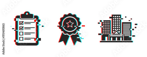 Glitch effect icons: checklist, badge, and buildings with 3d anaglyph style