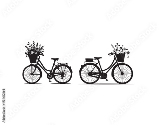 Two black silhouette bicycles with baskets full of flowers parked side by side on white background Keywords: bicycles, bikes