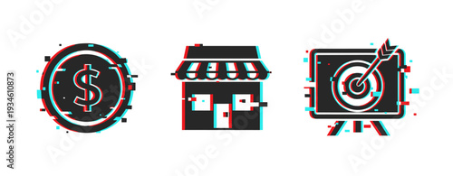 Digital finance, retail, and marketing icons with glitch effect