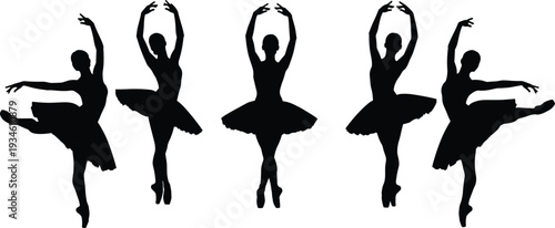 Ballet dancer silhouettes, five elegant performers in classical poses, tutus, graceful movements, synchronized routine, expressive art, discipline, posture, choreography