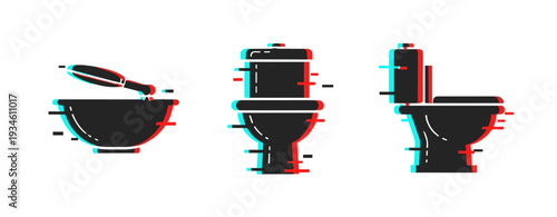 Glitch art style: three iconic toilet designs in red and blue