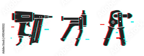 Digital glitch art: set of stylized tools with 3d effect