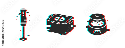 Glitch-effect kitchen appliances: immersion blender, toaster, and rice cooker