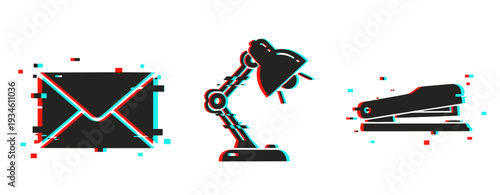 Glitch art: envelope, desk lamp, and stapler with retro 3d effect