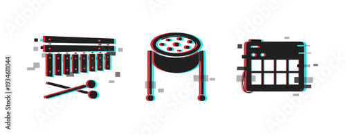 Minimalist percussion set with xylophone, drum, and audio pad in 3d effect