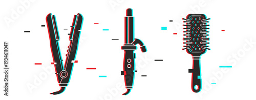 Stylish glitch art of hair tools: straightener, curler, brush