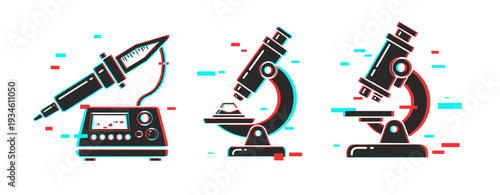 Retro science lab equipment: soldering iron and microscopes with glitch effect