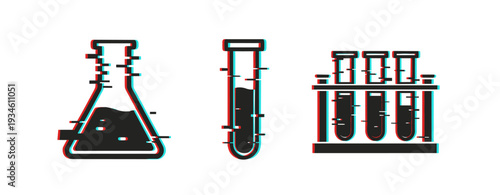 Glitch effect on laboratory glassware: beaker, test tube, and rack