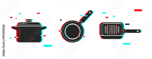 Glitch art of cooking pots and pans: distorted kitchenware design