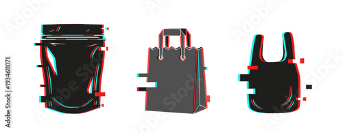 Glitch art of various shopping bags with neon anaglyph effect