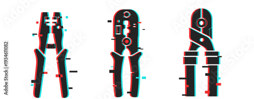 Digital glitch art of three tools with red and blue effects on white background