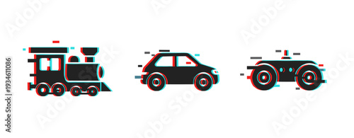 Glitch art of train, car, and tractor in 3d anaglyph style