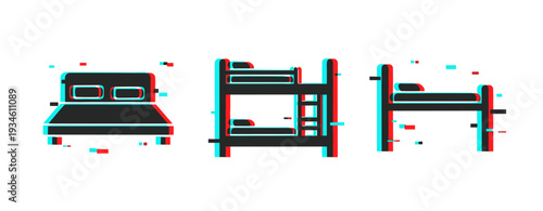 Digital glitch art: bed and bunk beds with red and blue overlay