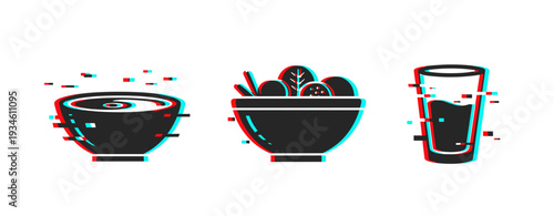 Glitched icons of soup, salad, and juice in stylized artwork