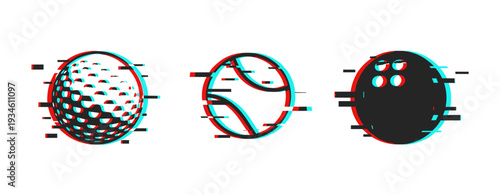 3d glitch art of golf, tennis, and bowling balls in red cyan anaglyph
