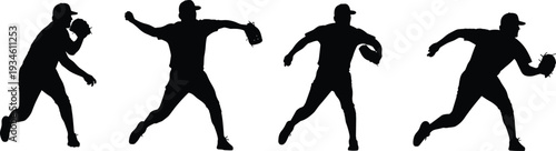 Baseball player throwing silhouettes sequence, pitching motion stages, sports action poses, athletic training, dynamic movement, vector illustration design