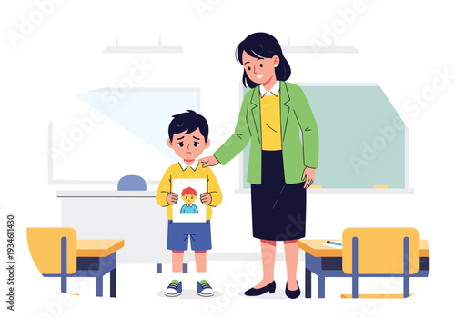 Modern vector illustration of shy student presenting in classroom while teacher smiles supportively. Confidence building and emotional growth education concept in positive school environment