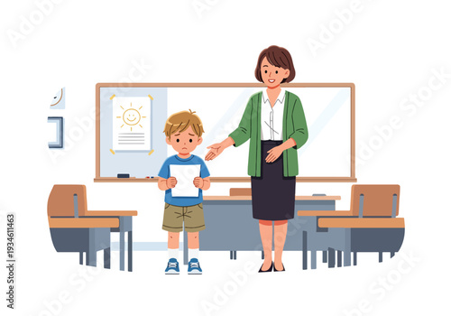 Modern vector illustration of shy student presenting in classroom while teacher smiles supportively. Confidence building and emotional growth education concept in positive school environment