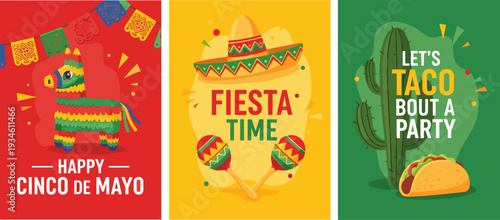 Cinco De Mayo Celebration Poster Set with Piñata Sombrero and Taco in Flat Illustration Style
