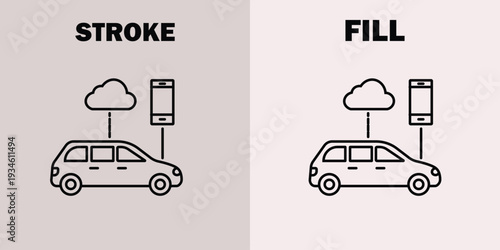 Two styles stroke and fill showing car cloud and smartphone connection d