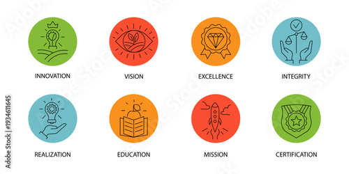 Mission and Values Icon Set in Line art style. Round Badges for Vision, Excellence, Integrity, etc
