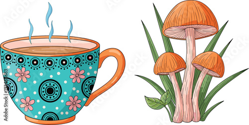 Cute Decorative Teacup with Steam and Forest Mushrooms Vector Illustration Set in Hand Drawn Cartoon Style