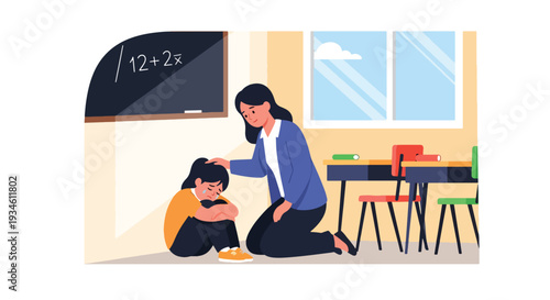 Modern vector illustration of teacher comforting crying student in classroom corner. Emotional support and safe learning environment concept for healthy childhood development