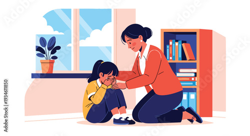 Modern vector illustration of teacher comforting crying student in classroom corner. Emotional support and safe learning environment concept for healthy childhood development