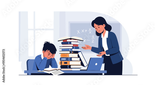 Modern vector illustration of student overwhelmed by homework while teacher offers guidance. Academic stress and emotional support concept in school education environment