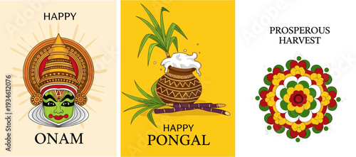 Happy Onam and Pongal Festival Flat Illustration Banner Set with Kathakali Face and Rangoli