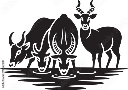 Three wild antelopes drinking from water hole silhouette illustration with ripple effects