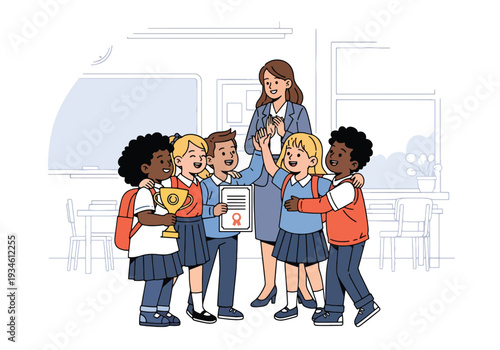 Modern vector illustration of diverse students celebrating achievement with teacher applause. Teamwork, school success and emotional encouragement concept in classroom