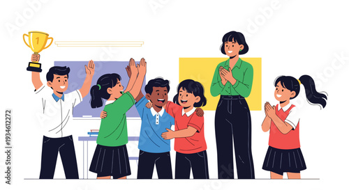 Modern vector illustration of diverse students celebrating achievement with teacher applause. Teamwork, school success and emotional encouragement concept in classroom