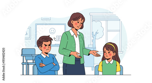 Modern vector illustration of teacher mediating conflict between students in classroom. Emotional intelligence and communication skills education concept