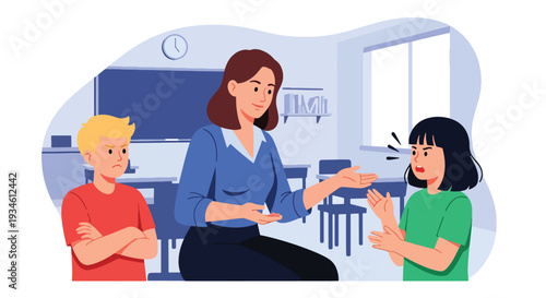 Modern vector illustration of teacher mediating conflict between students in classroom. Emotional intelligence and communication skills education concept