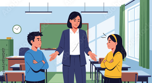 Modern vector illustration of teacher mediating conflict between students in classroom. Emotional intelligence and communication skills education concept