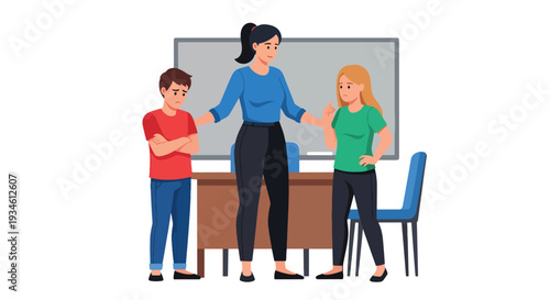 Modern vector illustration of teacher mediating conflict between students in classroom. Emotional intelligence and communication skills education concept