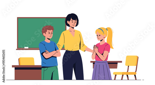 Modern vector illustration of teacher mediating conflict between students in classroom. Emotional intelligence and communication skills education concept