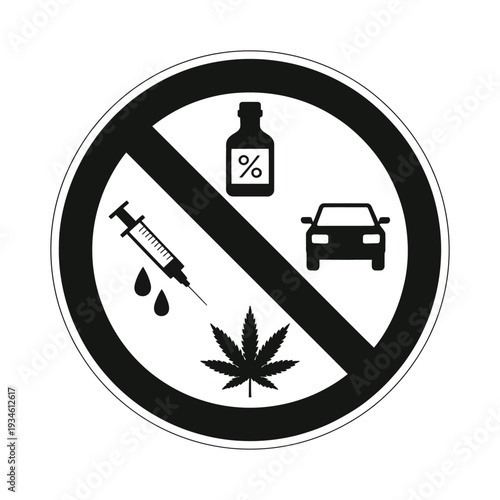 Prohibition sign illustrating no alcohol, drugs, or driving under the influence, featuring red circle and line symbols, perfect for safety awareness, public health campaigns, and vector illustrations.