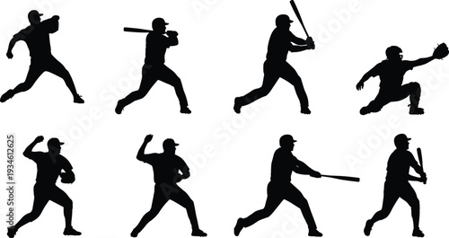 Black baseball player silhouettes in dynamic action poses, pitching, batting, fielding, running, sports vector illustration, athletic movement, competitive game design