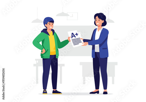 Modern vector illustration of student proudly receiving graded paper from teacher in classroom. Academic achievement, self confidence and positive education development concept