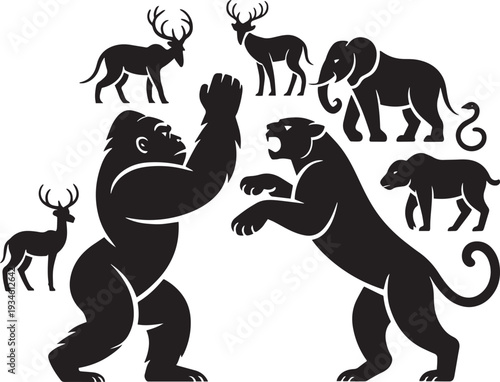 Wild animals black silhouettes set gorilla elephant panther deer wildlife vector collection