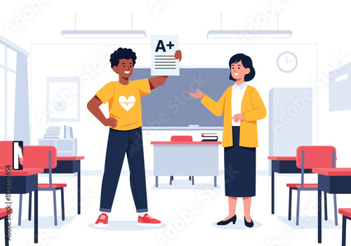 Modern vector illustration of student proudly receiving graded paper from teacher in classroom. Academic achievement, self confidence and positive education development concept
