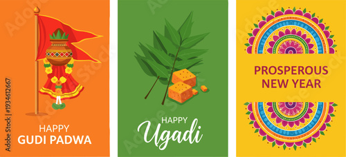 Indian New Year Poster Set with Gudi Padwa Ugadi and Vaisakhi Flat Illustration Design