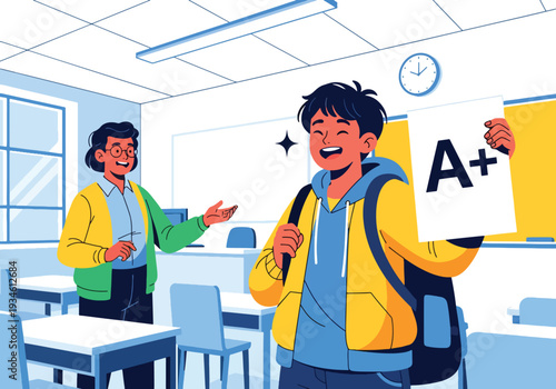 Modern vector illustration of student proudly receiving graded paper from teacher in classroom. Academic achievement, self confidence and positive education development concept