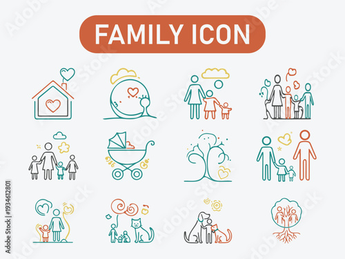 Family and parenting line icon set. Vector pictograms of couples, single parents, children, elderly, baby, newborn, teenager thin linear illustration.
